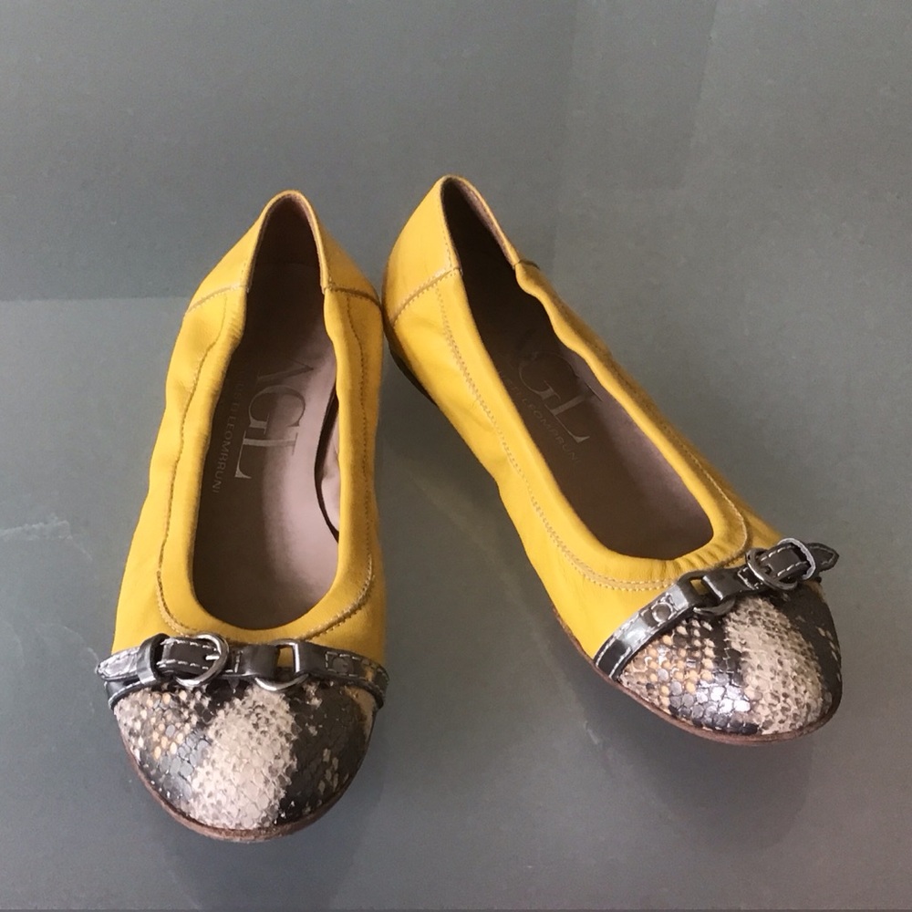 AGL Attilio Giusti Leombruni Yellow Snakeskin‎ Cap Toe Ballet Flats 37.5 7.5